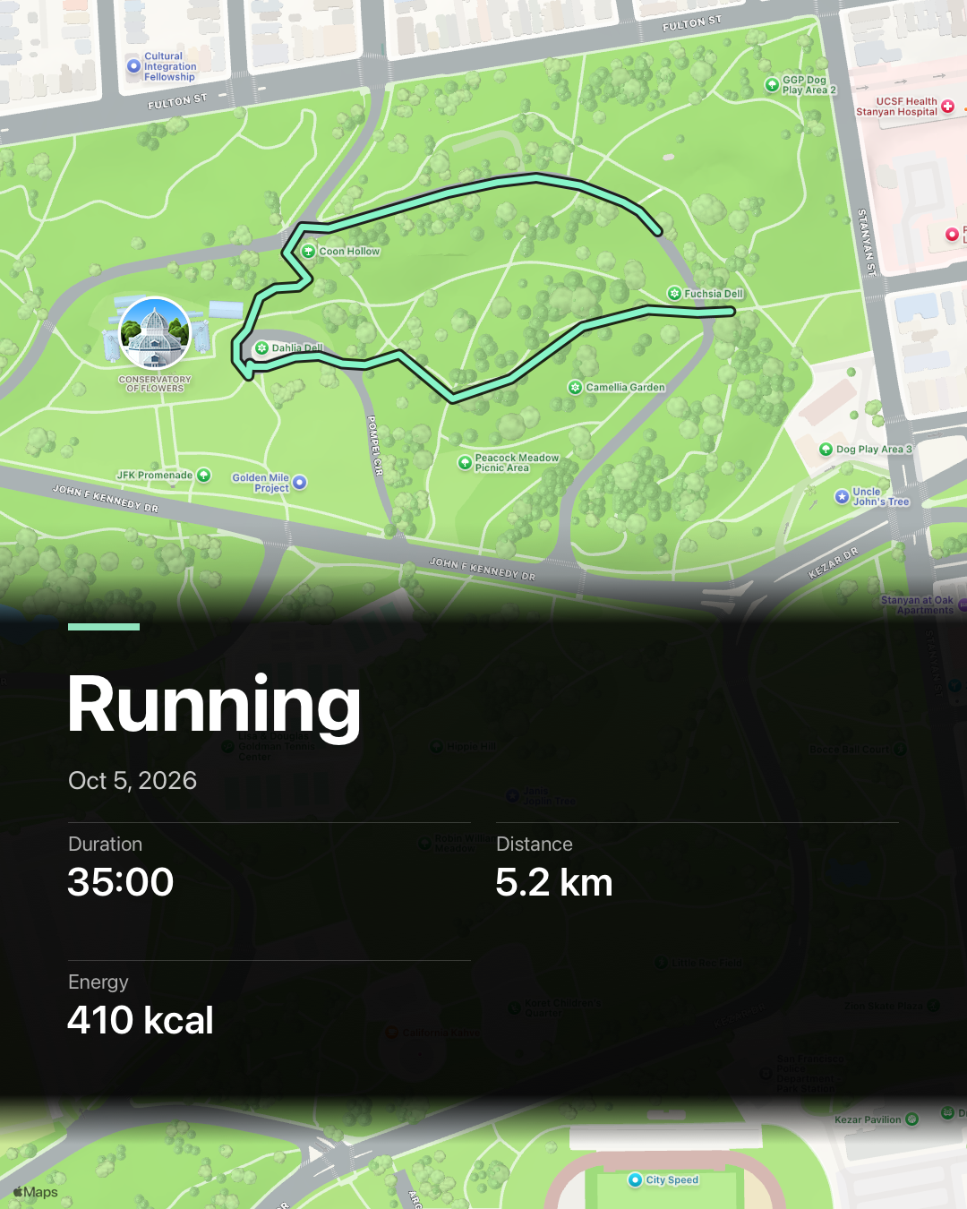 Example Running card with a workout route over an Apple Maps background